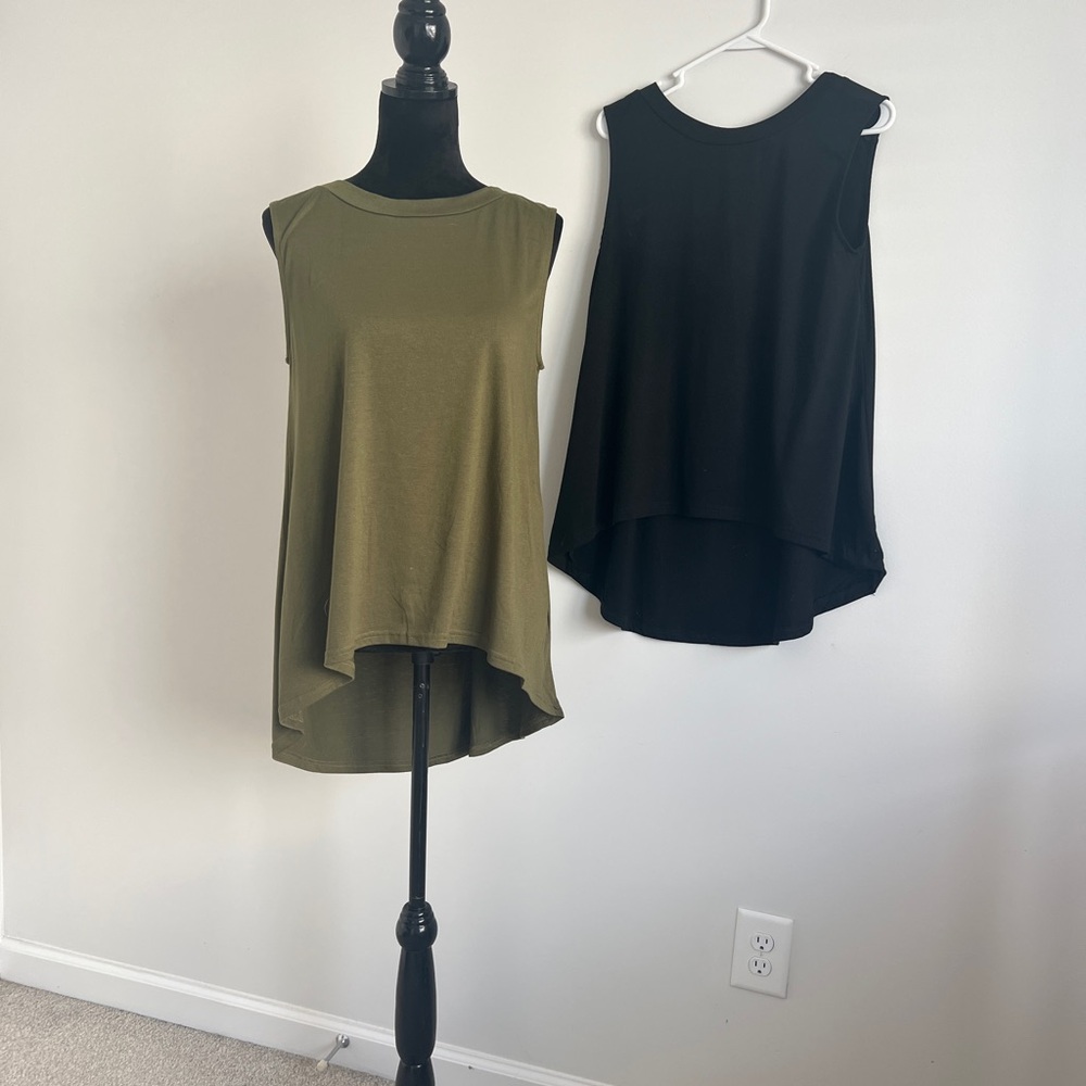 Two Sleeveless Olive and Black Hi-Lo Hem Women's Baggy Tops,Perfect Over Legging - Picture 6 of 10